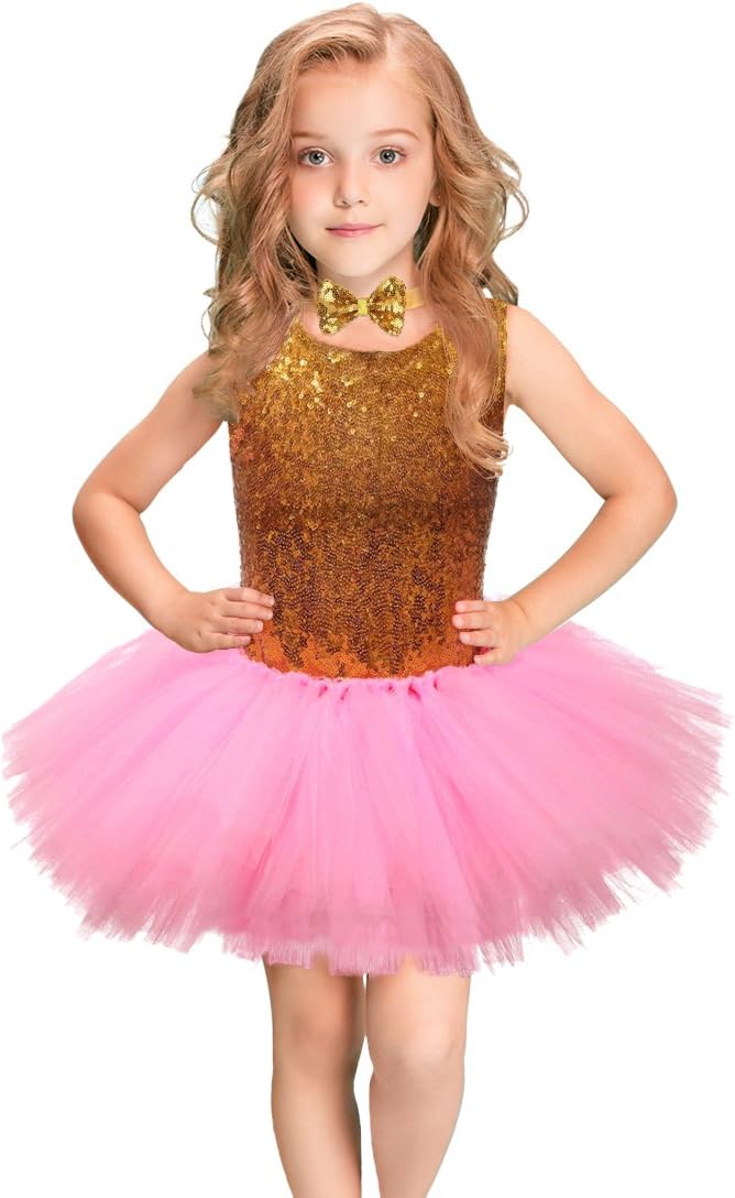 2-8T Baby Girls Sequin Tutu Dress Sleeveless Tutu Tulle Party Dress with Bow Tie for Special Occassion Party Wedding Dancing (Pink+Gold)