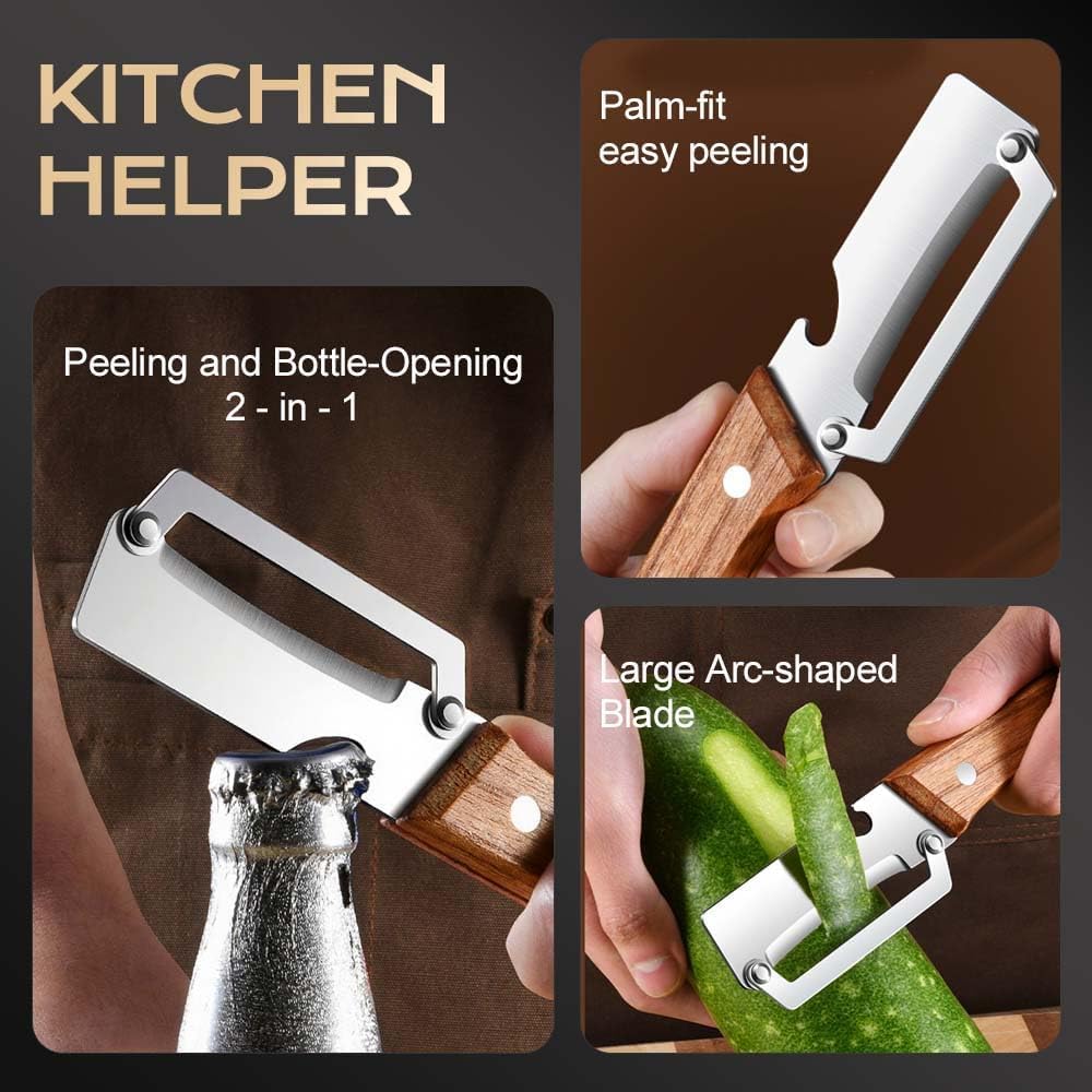2 Pcs Premium Vegetable Peeler with Wooden Handle and Bottle Opener: 2-in-1 Stainless Steel Kitchen Tool for Fruit Apple Potato Pumpkin Papaya — view 3