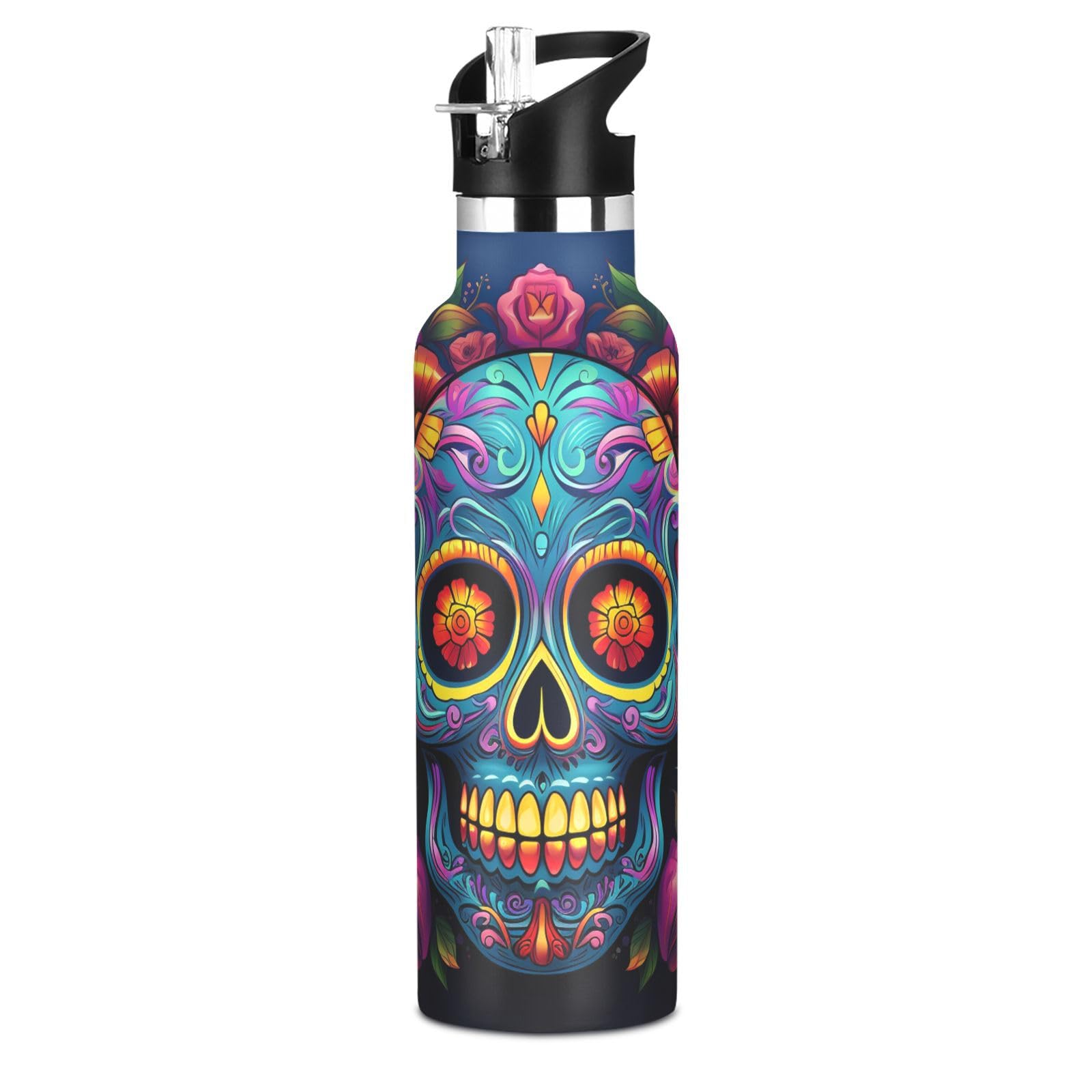 Kaaviyo Boys Pattern Beautiful Floral Skull Flower Water Bottle Stainless Steel Jug Insulated Vacuum Cup For Girls(600Ml)