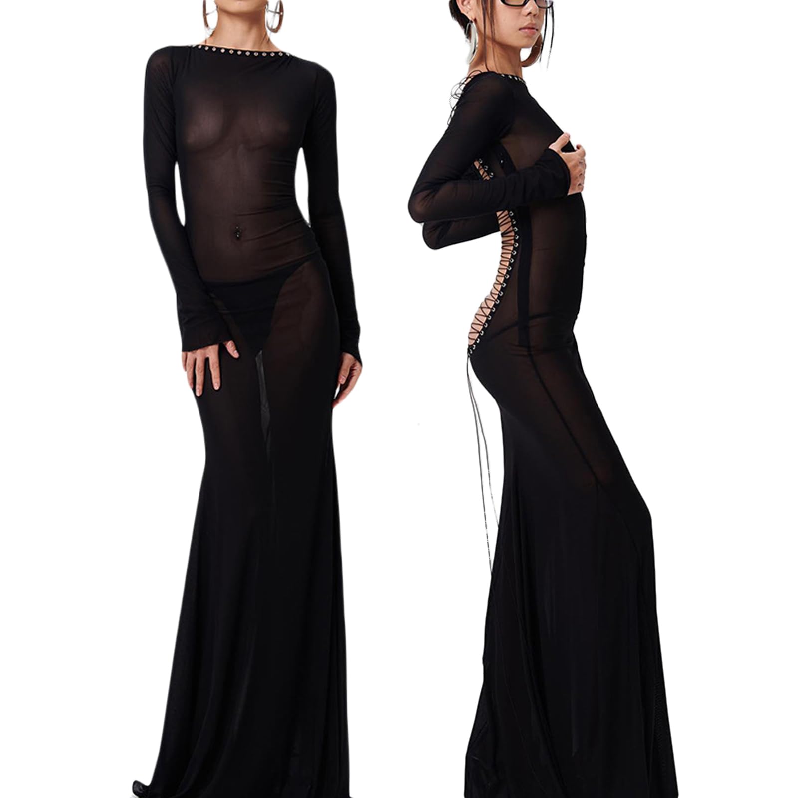 Geagodelia Robe Maxi-Longue Dos Nu en Mesh à Manches Longues, Robe Transparente Sexy Moulante en Bandage pour Soirée Cocktail Fête (Noire, Taille Unique)