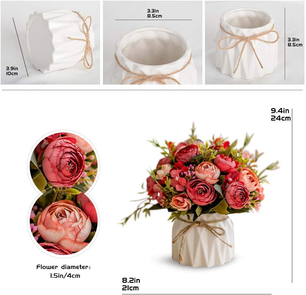 TKAS Artificial Flowers Fake Flowers Silk Rose Bouquets Decoration with Ceramics Vase for Table Home Office Wedding (Red Bud)