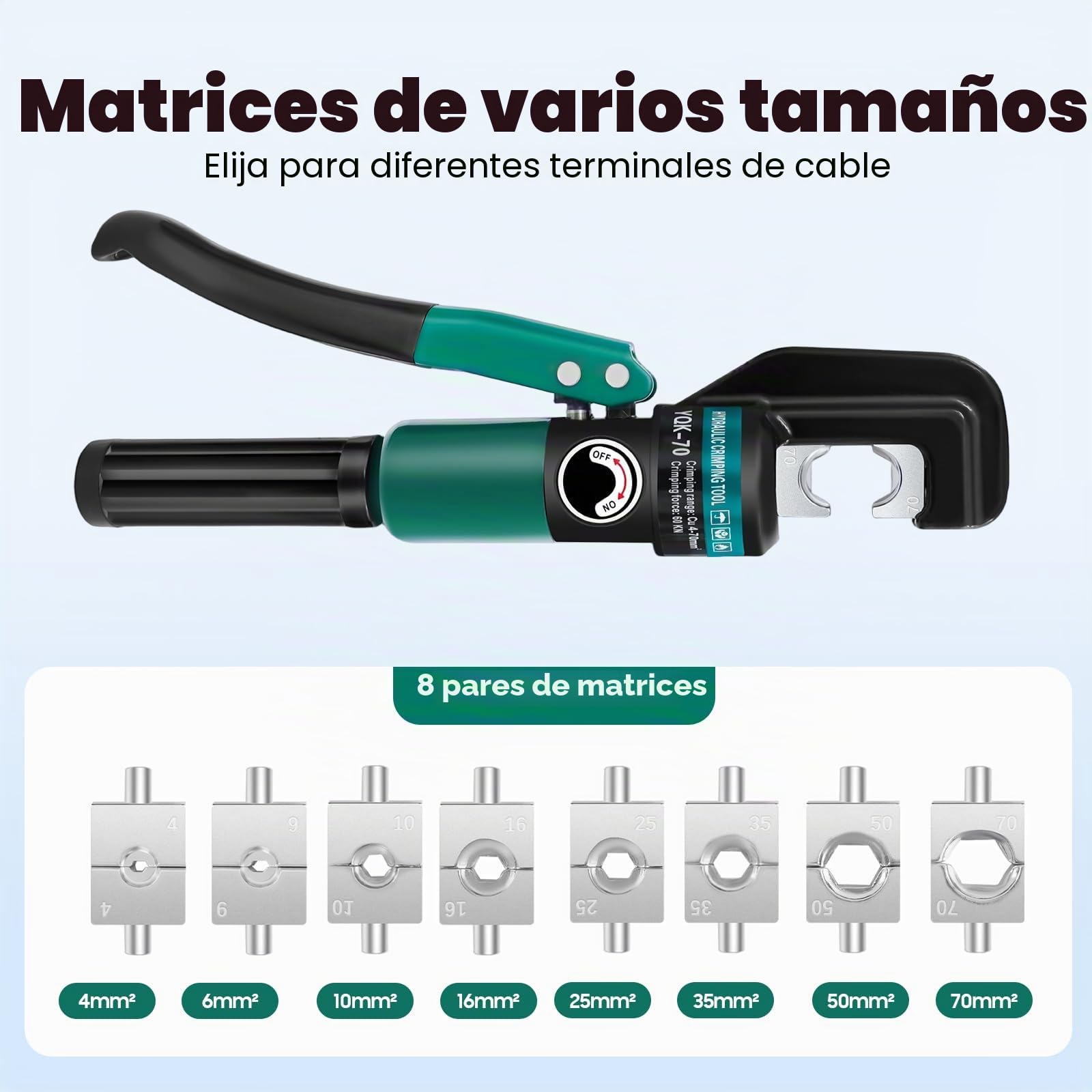Juego de alicates de prensa hidráulicos y alicates profesionales para prensar tubos, crimpadora con cabezal giratorio de 360° y 8 matrices (4-70 mm²), herramienta de presión para tubos de aluminio