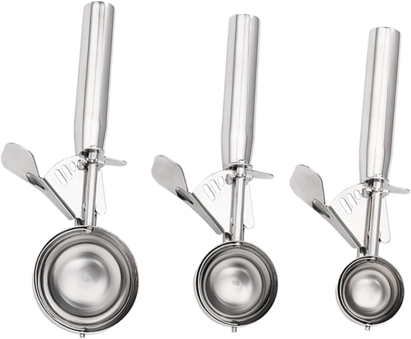 ULTECHNOVO 3pcs Stainless Steel Ice Cream Scoops with Trigger for Melon Baller Cookie Cupcake and Meatball Large Medium Small Polished Finish Ergonomic Handle for Easy Scooping