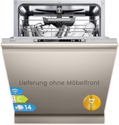 Midea SV 5.14K14C Lave-vaisselle, entièrement intégré, 60 cm, 14 places, encastrable, avec WiFi, 8 programmes, 44 dB, ouverture automatique, retard de démarrage de 0 à 24 h, acier inoxydable