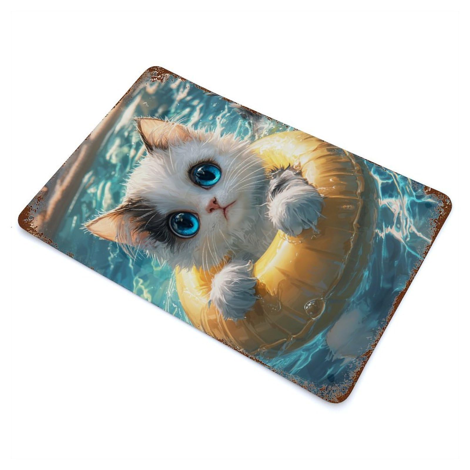 Cute Kitten in Pool Float 11.8"x7.9" Rust Effect Tin Sign, Industrial Home Decor for Living Room, Hallway And Home Decor