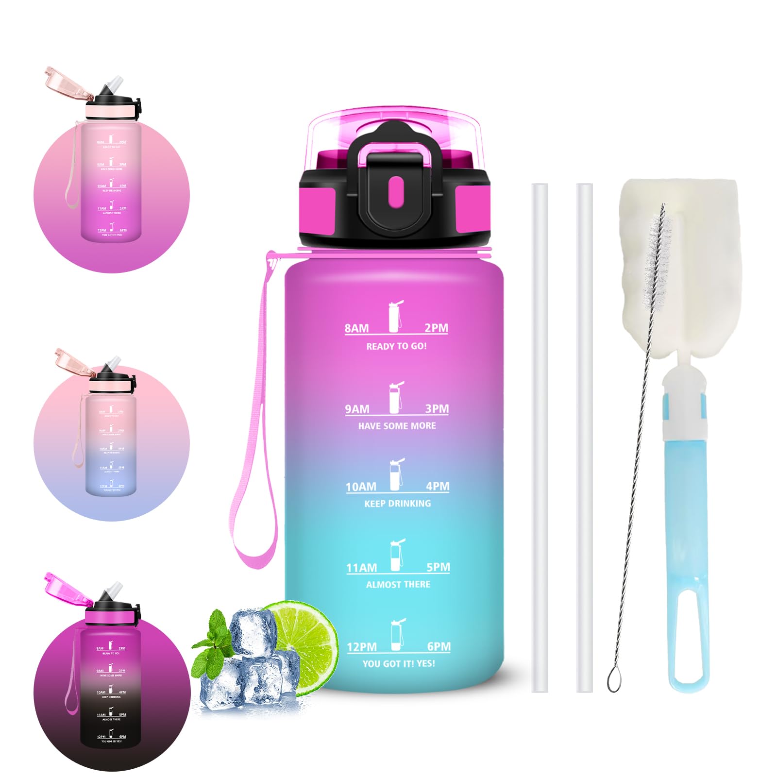 Trinkflasche 0.5l, Wasserflasche, Trinkflasche mit Strohhalm Kinder, Auslaufsicher, Wasserflasche mit Strohbürste und Topfbürste, Leicht zu Reinigen, Flasche für Schule, Büro, Fitness, Outdoor
