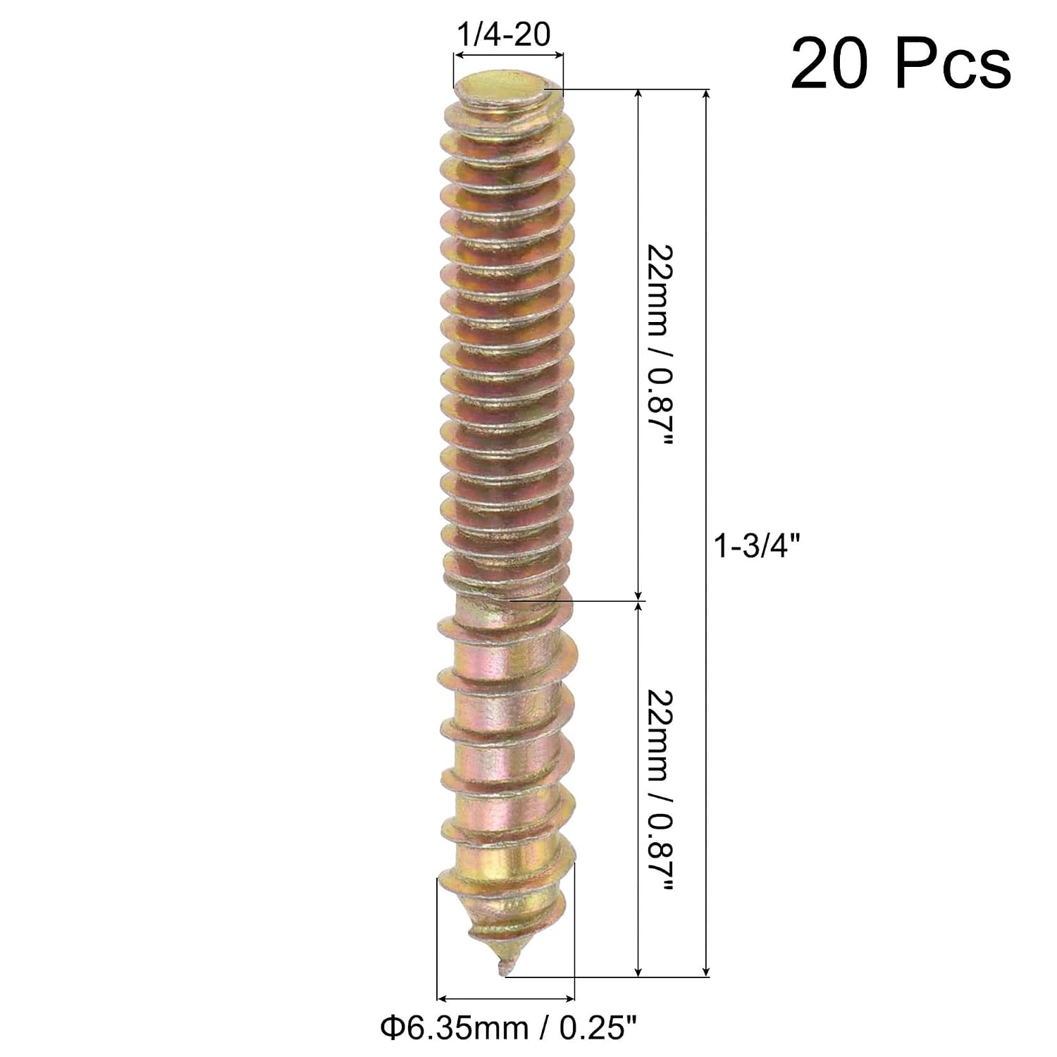 TOP-VIGOR 20Pcs 1/4-20" x1-3/4 Hanger Bolts, Double Headed Bolts Self Tapping Screw, Double Ended Dowel Screws, Threaded Lag Wood Screws and Machine Bolts for Wood Joint Furniture
