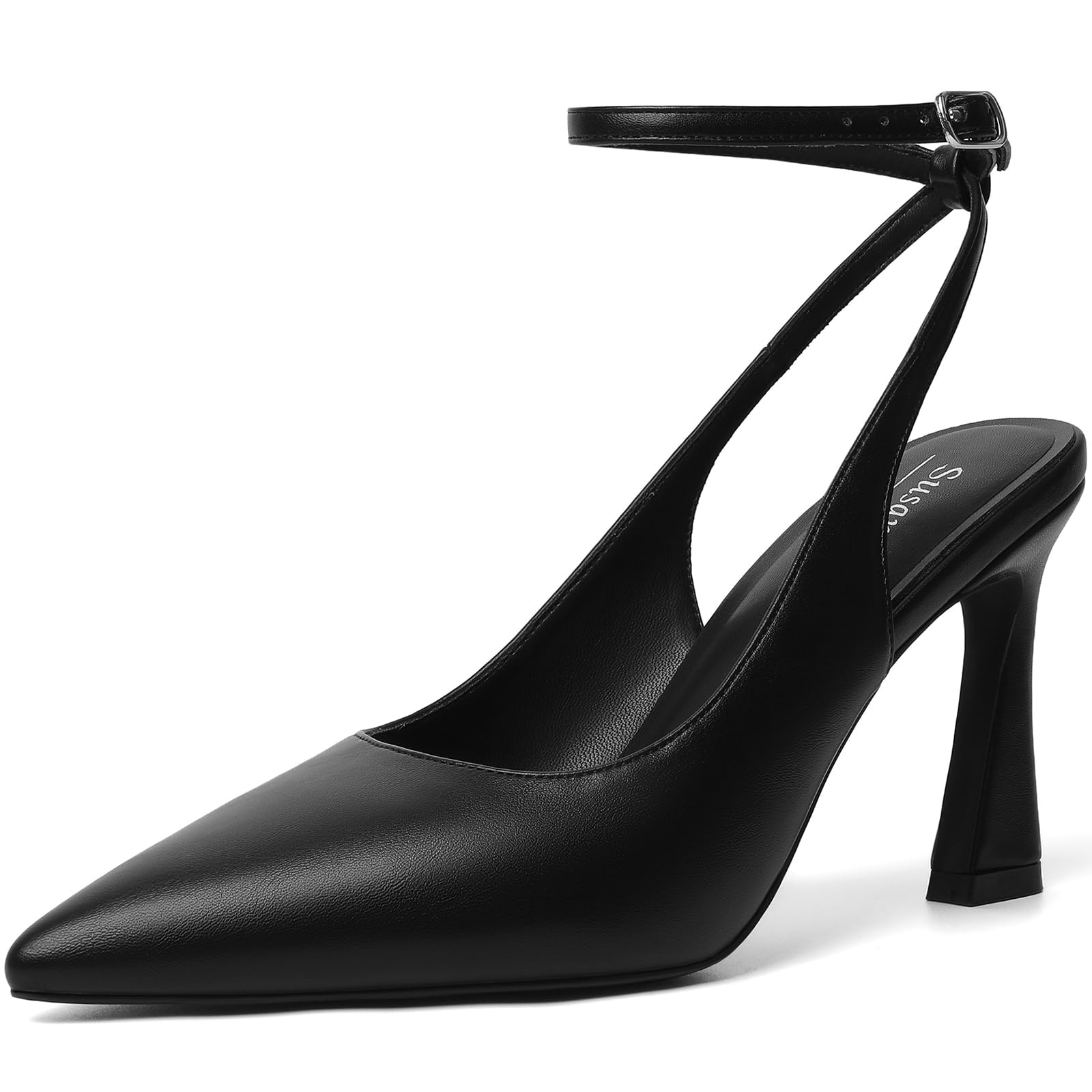 Susanny Womens Slingback Closed Toe Ankle Strap High Heels Pointed Toe Pumps Comfortable Stiletto Sexy Buckle Strappy Dressy Shoes for Wedding Bridal Party Work 9.5 Blackpu