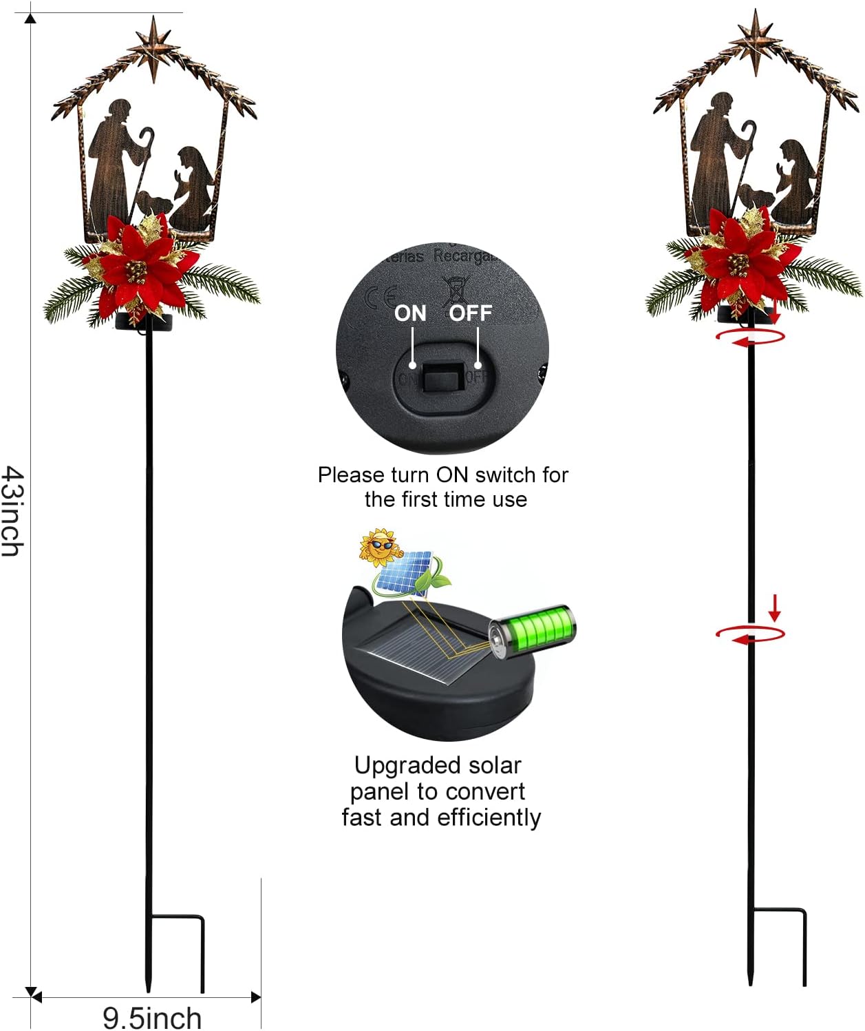 ALLADINBOX 2 Pack Christmas Outdoor Yard Stakes Solar Lighted Decorations, LED Candle Christmas Lights Holy Family with Artificial and Pine Needles Decorative Garden Stake
