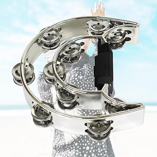 Miniatura 5 de ENNBOM Pandereta de metal Jingles de doble fila para adultos pandereta musical de media luna para iglesia, KTV, fiesta (dorado-1 unidad)