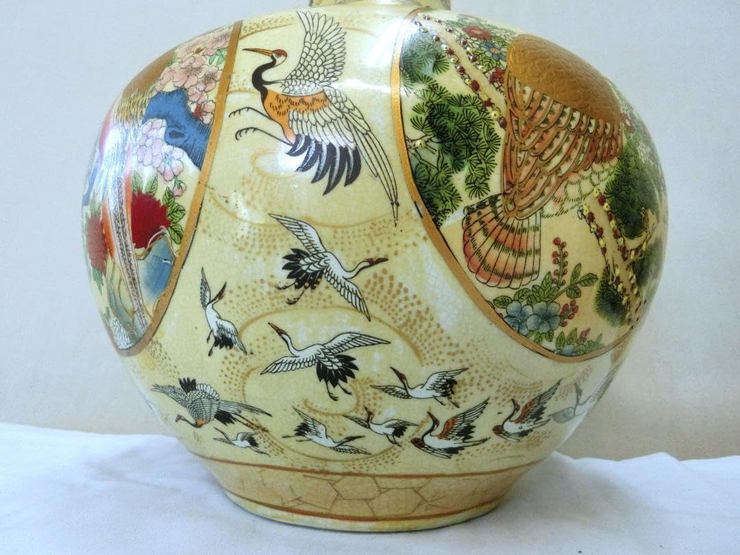 金彩多色色絵花器 首長壺 群鶴丸窓花鳥文・NG・中国 オブジェ古董