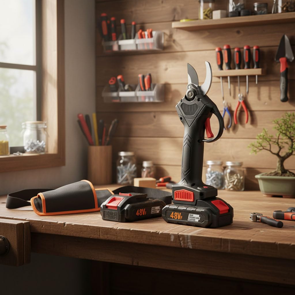 Forbici da Potatura Elettriche a Batteria 48V Professionali – Kit Completo con 2 Batterie, Cintura con Fondina e Valigetta, Taglio 25mm, Cesoie per Ulivo, Vigneto, Alberi da Frutto e Giardino