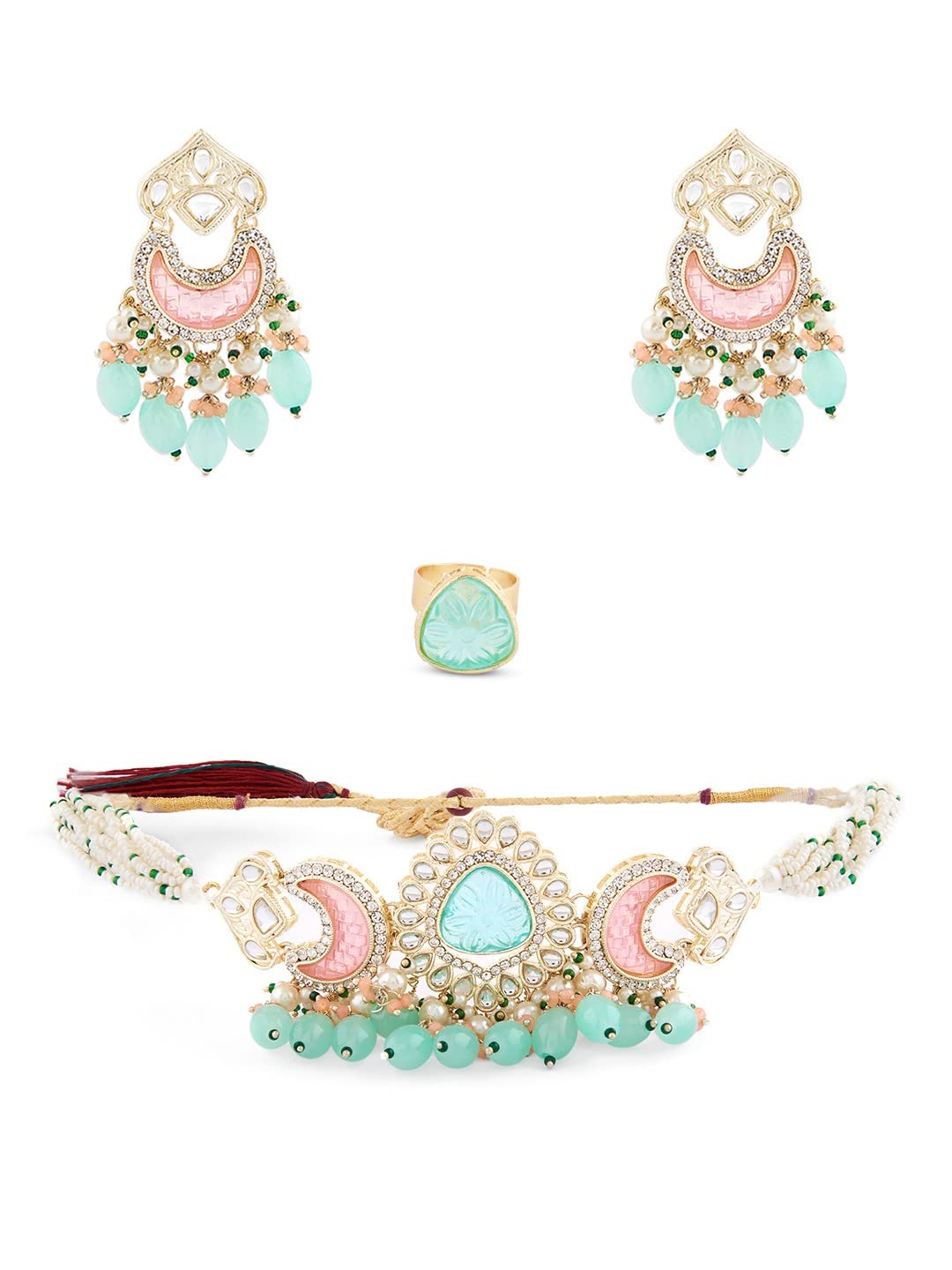 ZAVERI PEARLS Green Pink Stones & Beads Multistrand Kundan Choker Necklace Earring & Ring Set For Women-ZPFK15653 (B0BVVHBMT3) Amazon Price History, Amazon Price Tracker