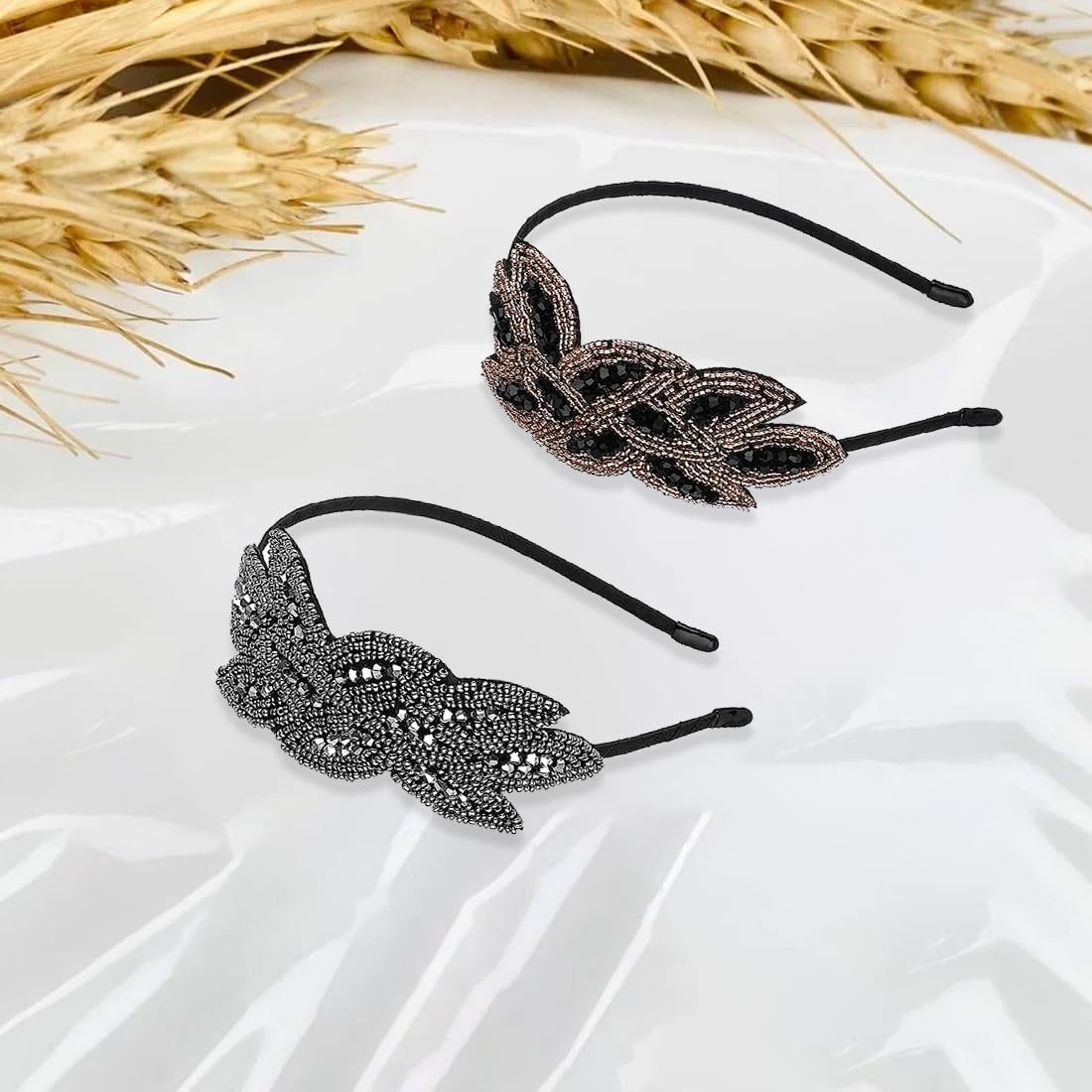Sibba 2 Fasce Per Capelli Anni '20 Con Perline E Strass - Accessori Vintage Grigio E Oro Per Sposa E Feste A Tema