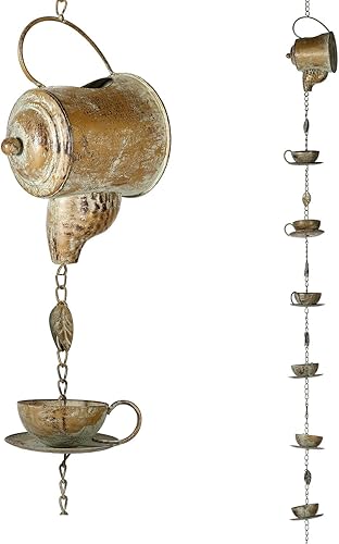 Jemeni Cadena de lluvia para tetera y tetera, cadena de lluvia de pátina de cobre de 8.5 pies para canalones, reemplazo decorativo de bajante
