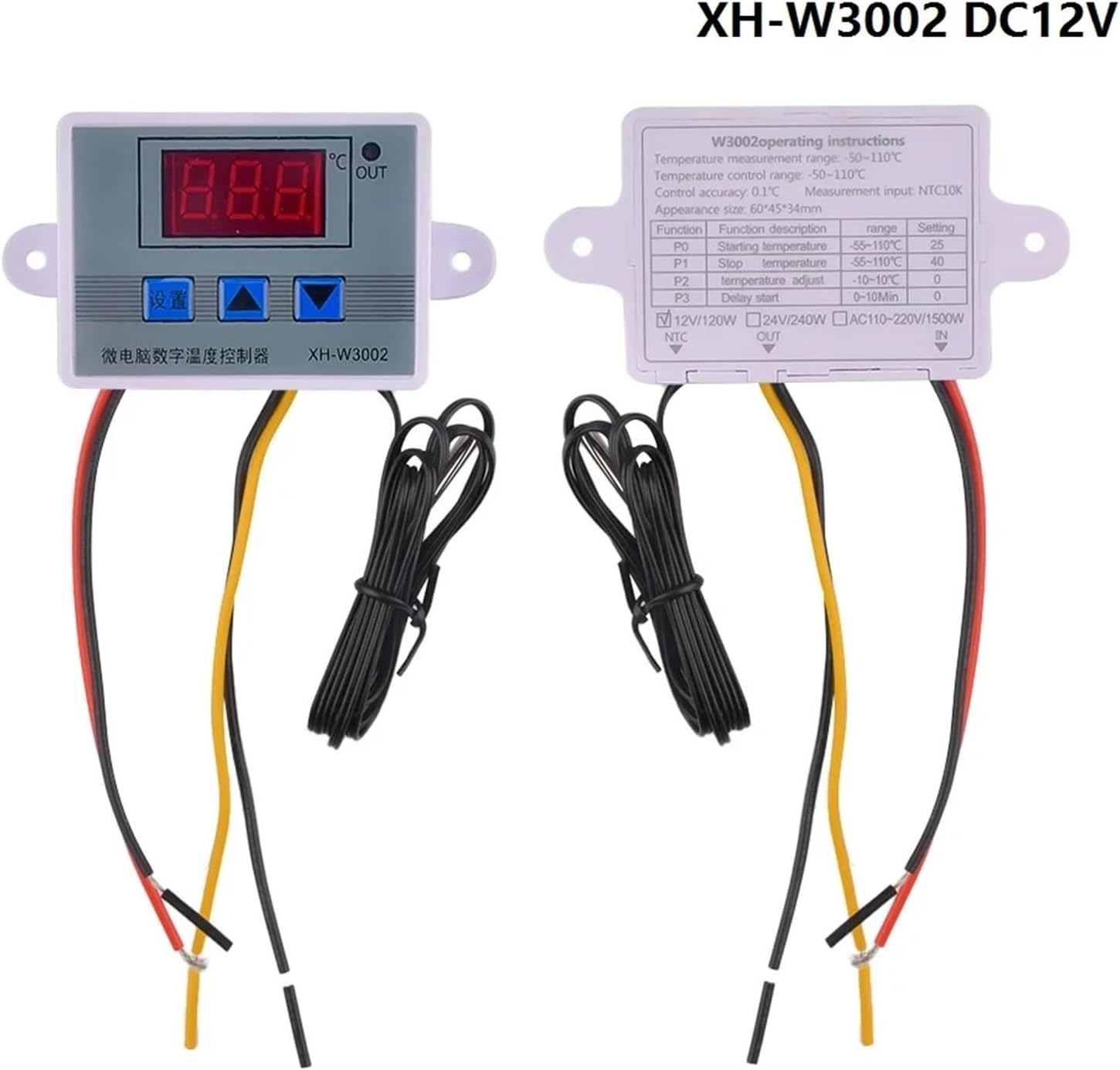 W3001/W3002 Digital Temperature Microcomputer Thermostat DC12V/24V AC220V with Probe Heat Cool Temp Thermostat Control Switch(XH-W3002 DC12V)