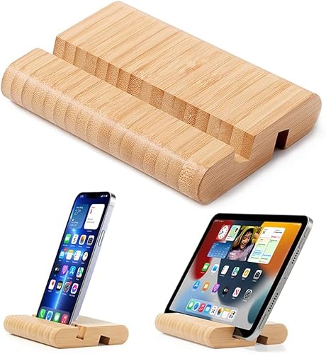 Bamboo Tablet Stand Wooden Mobile Phone Stand for Desktop, Wood Tablet Holder Desk Cell Phone Holder Mobile Stand for iPhone iPad Tablets and All Phones