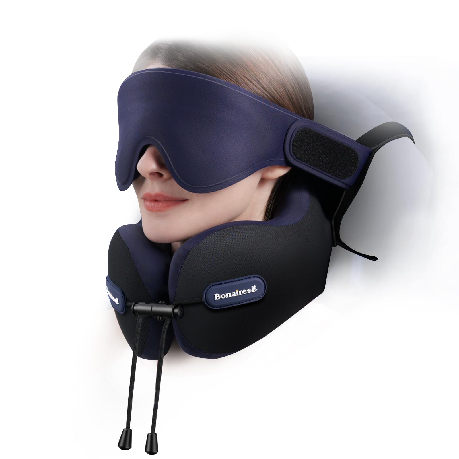 Almohada de Viaje, Almohada Cervical para Avión con Antifaz 3D y Correa de Asiento para Vuelos Largos y Viajes por Carretera, Espuma de Doble Densidad, Esencial para Viajes en Negro & Morado
