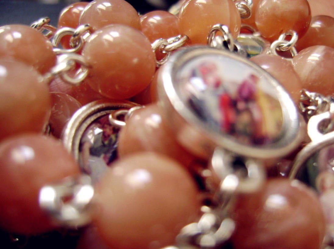 elegantmedical HANDMADE Nice Orange Moonstone Beads Seven 7 Sorrows Of Mary Rosary Necklace Gift BOX Womens GIFTS