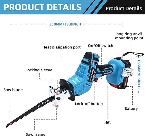 Miniatura 4 de Sierra alternativa inalámbrica de 21 V, sierra recíproca con batería de 2.0 Ah con cargador, yunque de anillo de cerdo y 4 cuchillas para cortar