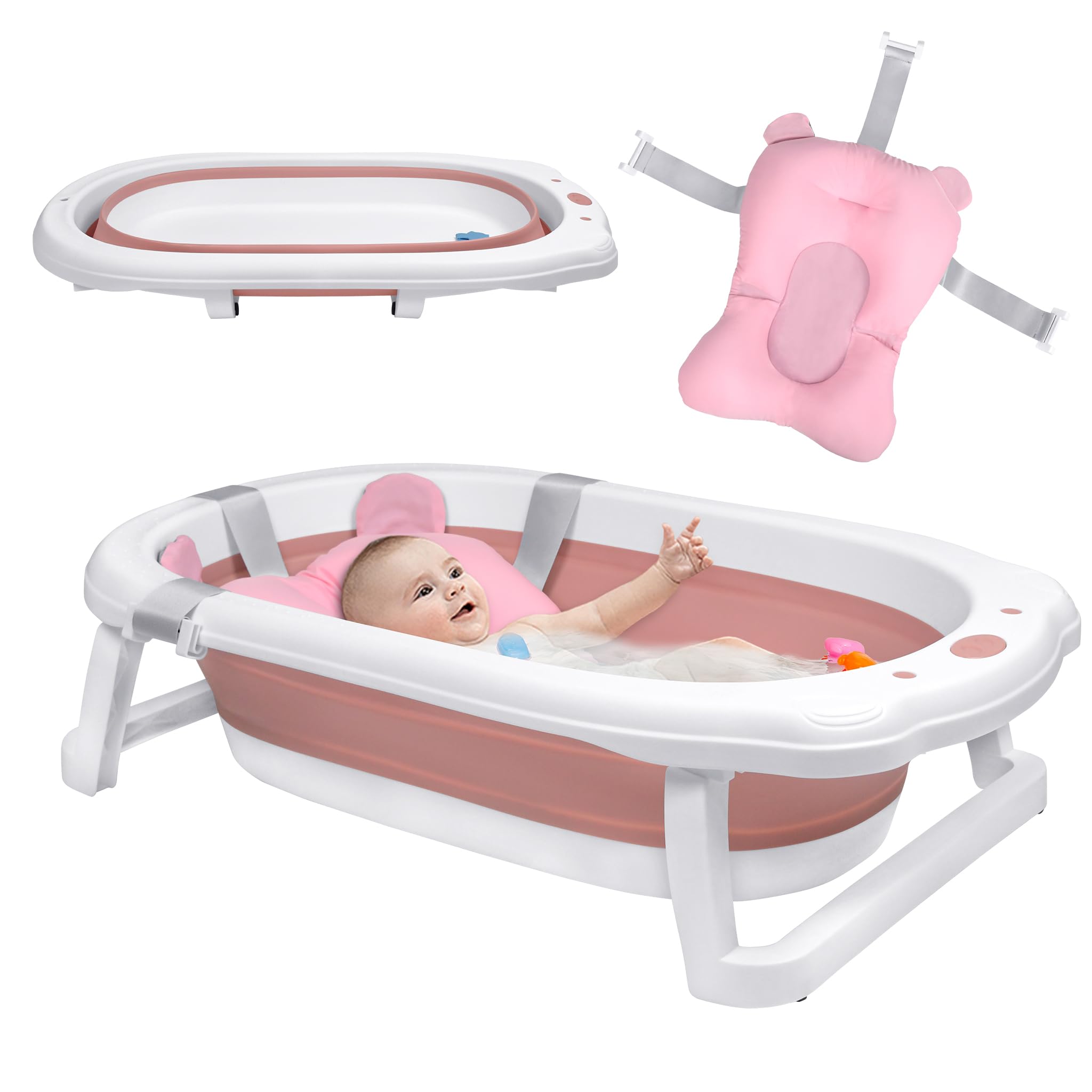 ACXIN Faltbare Babywanne mit Ablauflöchern Geeignet für Kleinkinder bis 8 Jahre, Hitzebeständige, Rutschfeste Fußpolster, Stabiles PP & TPE Plastik, Inklusive Badematte (Rosa)