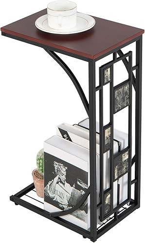 Safstar - Mesa auxiliar en forma de C mesa auxiliar para sofá mesa auxiliar delgada mesa de café con textura similar a mármol y marco de acero mesa