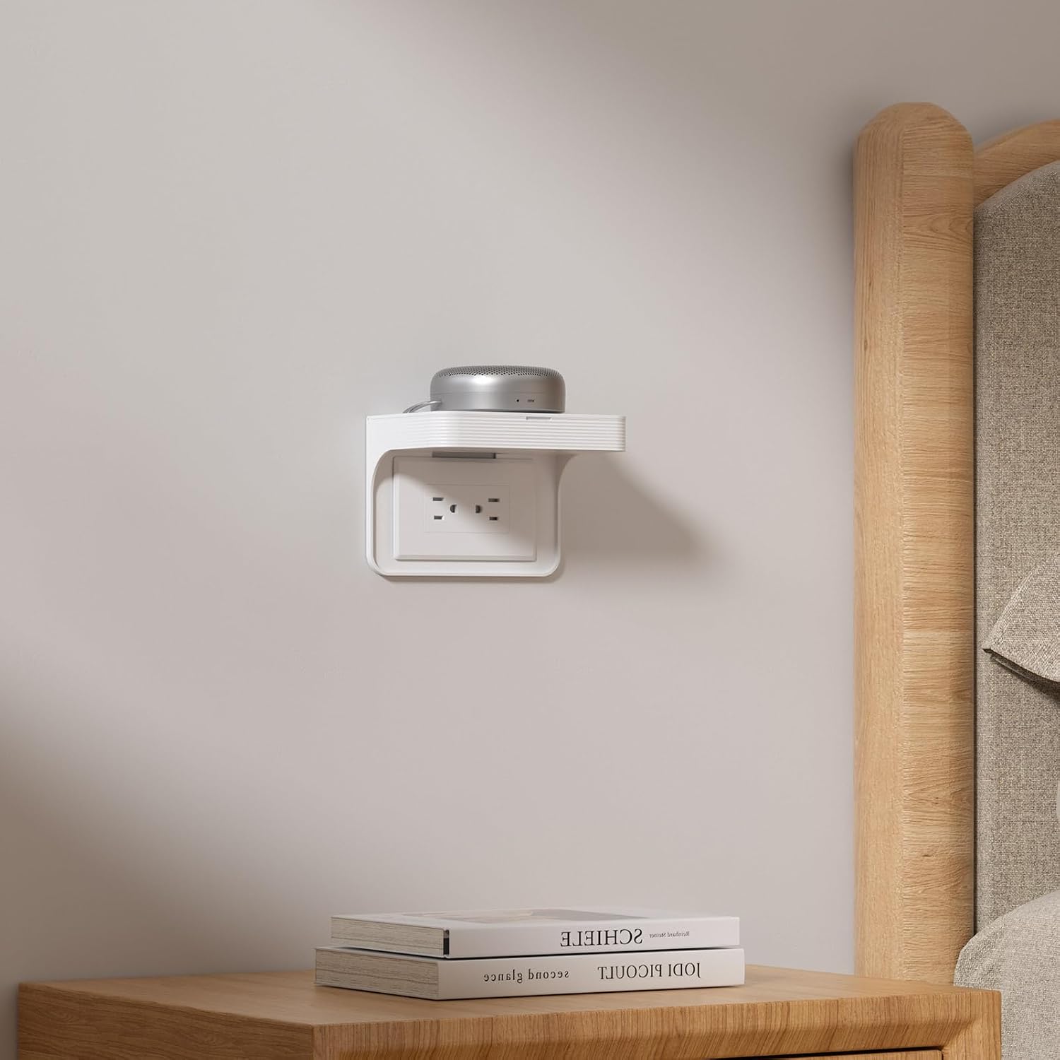 JSAUX Horizontal Wall Outlet Shelf with Cord Storage, Space Saving Organizer for US Horizontal Outlets, Bathroom Kitchen Bedroom, White