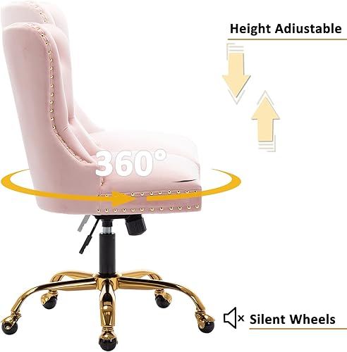 Miniatura 5 de QUINJAY - Silla de escritorio de terciopelo para oficina en casa, silla de escritorio giratoria ajustable tapizada con base dorada, silla de