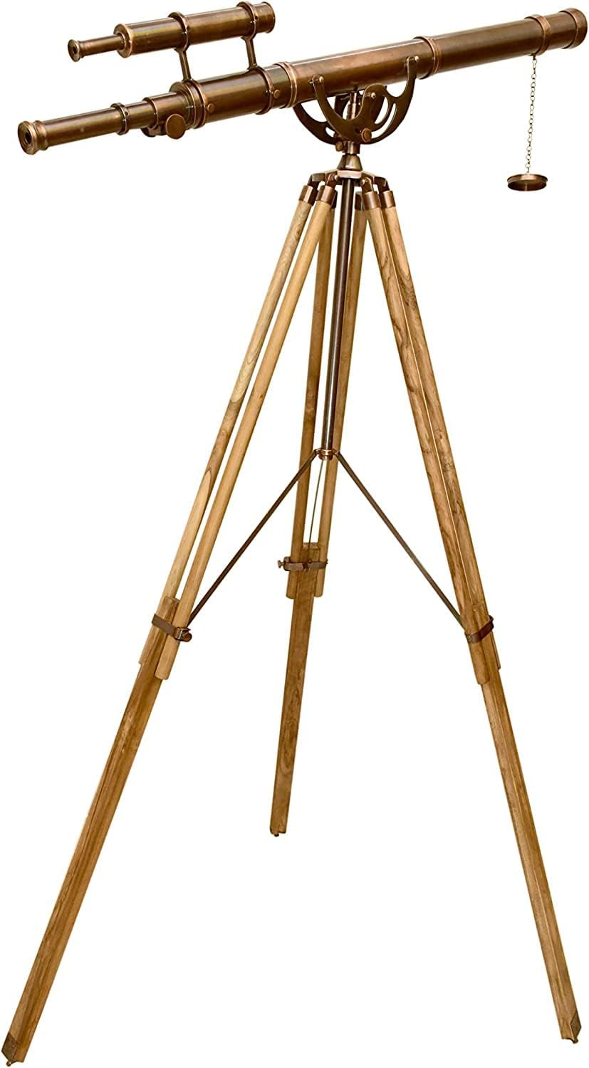 Vintage Double Barrel Telescope Shiny Copper Dark Antique Finish with Adjustable Natural Wooden Tripod Solid Brass High Magnification Functional Spyglass Exclusive