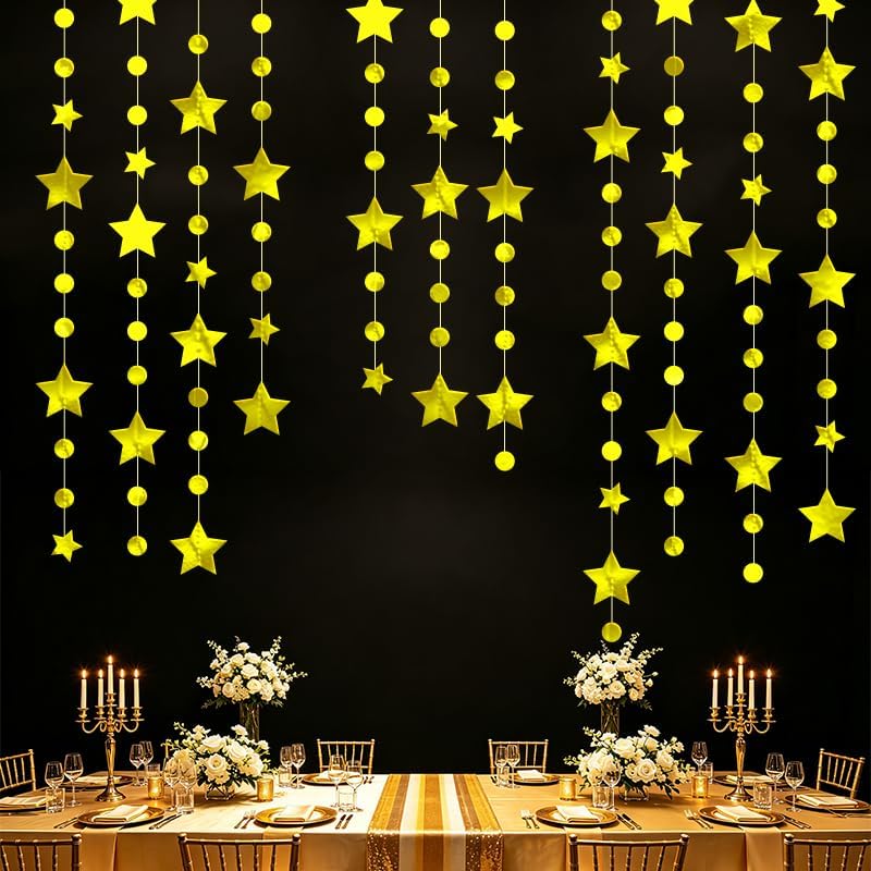 3 Pack Champagne Star Dot Hanging Garlands, 39ft Champagne Star Dot Garland Decor, Glitter Ceiling Hanging Decorations for Birthday, Wedding, Baby Shower, Christmas Party Supplies