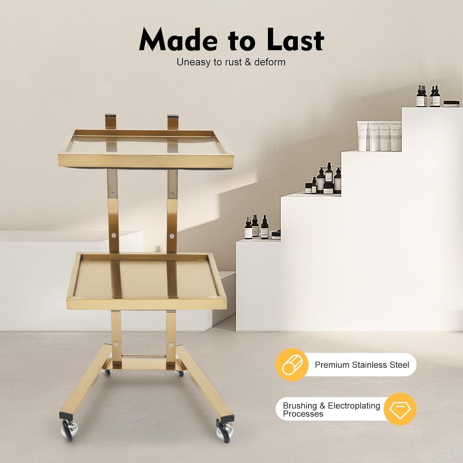 2 Tier Metal Rolling Cart, Stainless Steel Salon Tray with Wheels, Foldable Utility Carts, Gold Folding Salon Tray Trolley for Tattoo