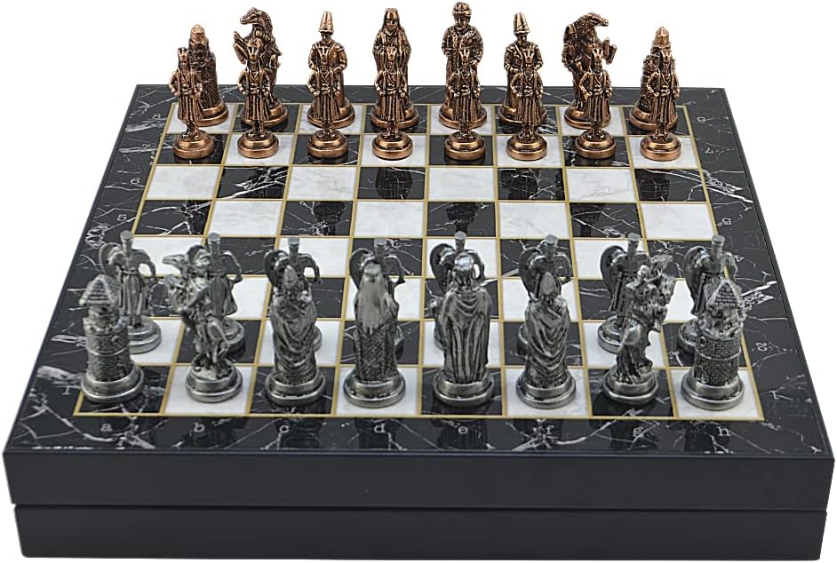 Metal Chess Set for Adults Ottoman vs Byzantine Antique Copper Figures,Handmade Pieces and Different Design Wooden Chess Board with Storage (Marble)