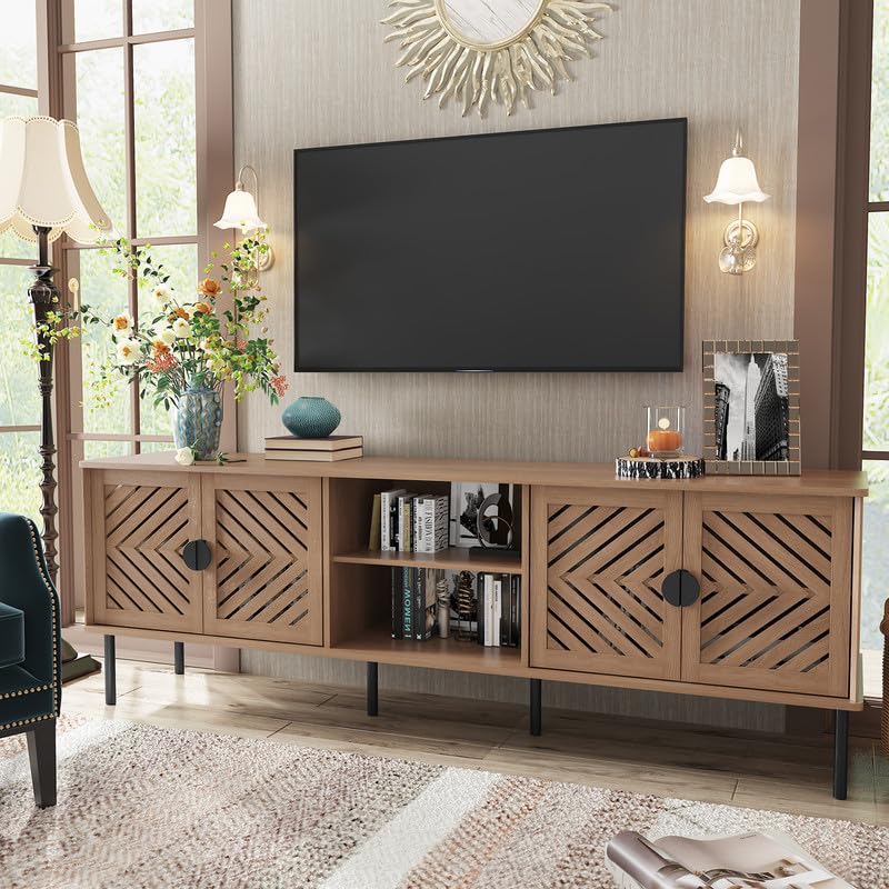 Image of ARTPOWER 70 inch TV Stands, Entertainment Center with Storage, Natural Oak