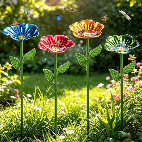 4PC Bee Watering Station for Garden Bee Baths Drinking Cups with Adjustable Stakes Colorful Butterfly Feeders for Outdoor Yard Decor Metal Decorative Garden Stakes