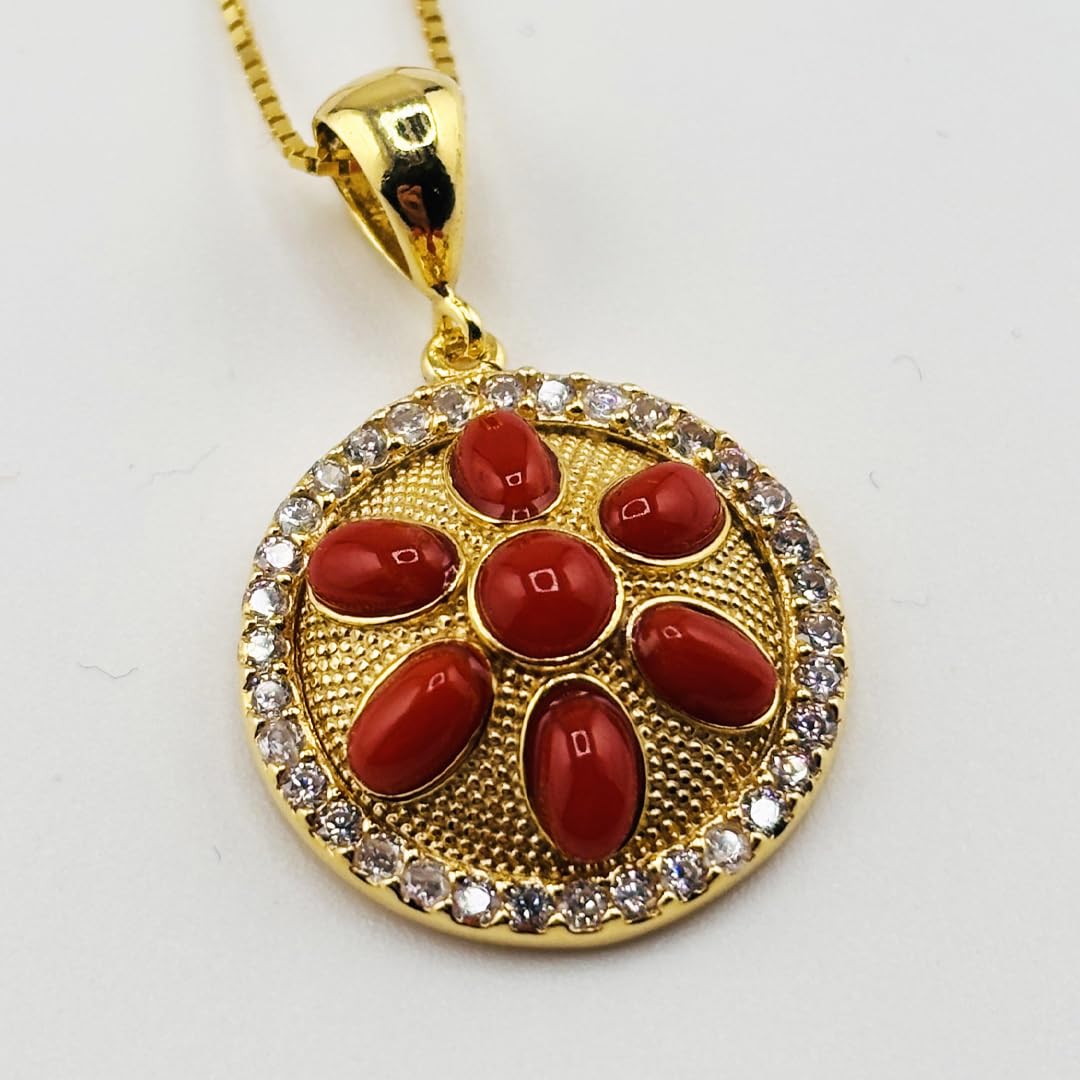 Ciondolo elegante tondo in argento 925 dorato con corallo rosso naturale del Mediterraneo catenina veneziana 45 cm gioiello donna ragazza elegante artigianale
