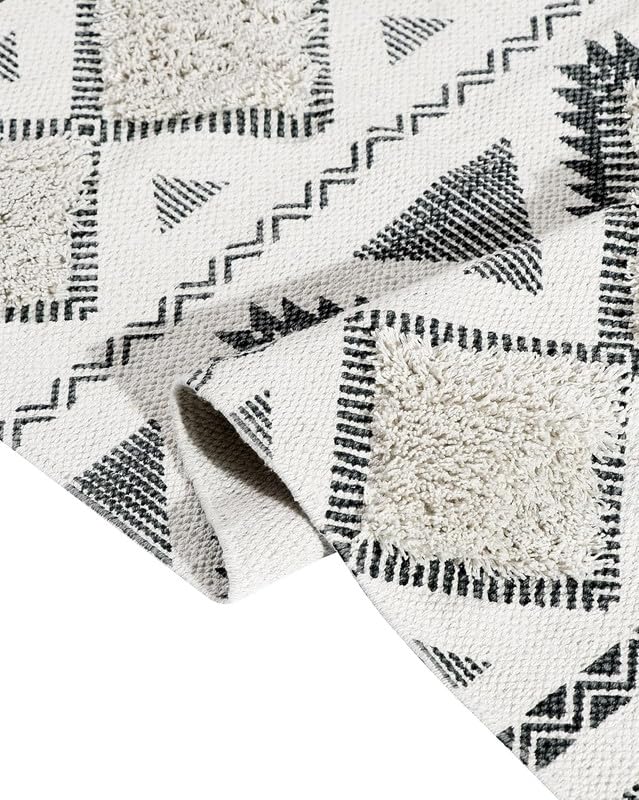 Image of FIASCO Hand Woven 100% Natural Cotton Export Quality Designer Striped Rug, Bed Side Runner Rug Carpet for Bedroom, Passage,Living Room, Size- 2X5 Feet Black and Natural White