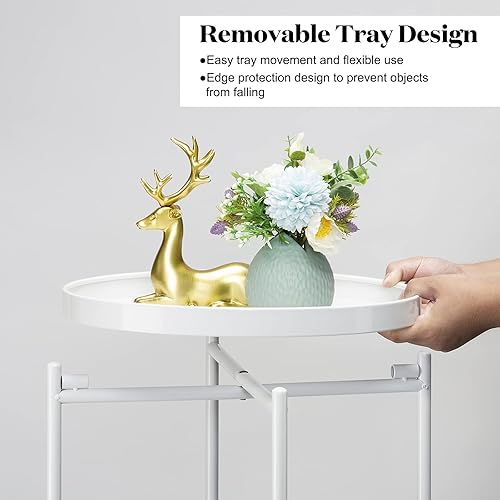 Miniatura 4 de Danpinera Mesa auxiliar de metal de 2 niveles con bandeja extraíble, mesa redonda decorativa, mesita de noche blanca antioxidante para dormitorio,