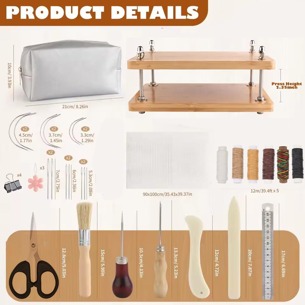 Buchbinder Set,Buchpresse aus Holz,handgefertigtes Buchbinder-Starterwerkzeug-Set, 35pcs 37.5*29cm tragbares,mit Holzbindepresse, Falzbein, Buchdeckel,Ahle,Buchbindeband,für DIY Buchbinder Handwerk
