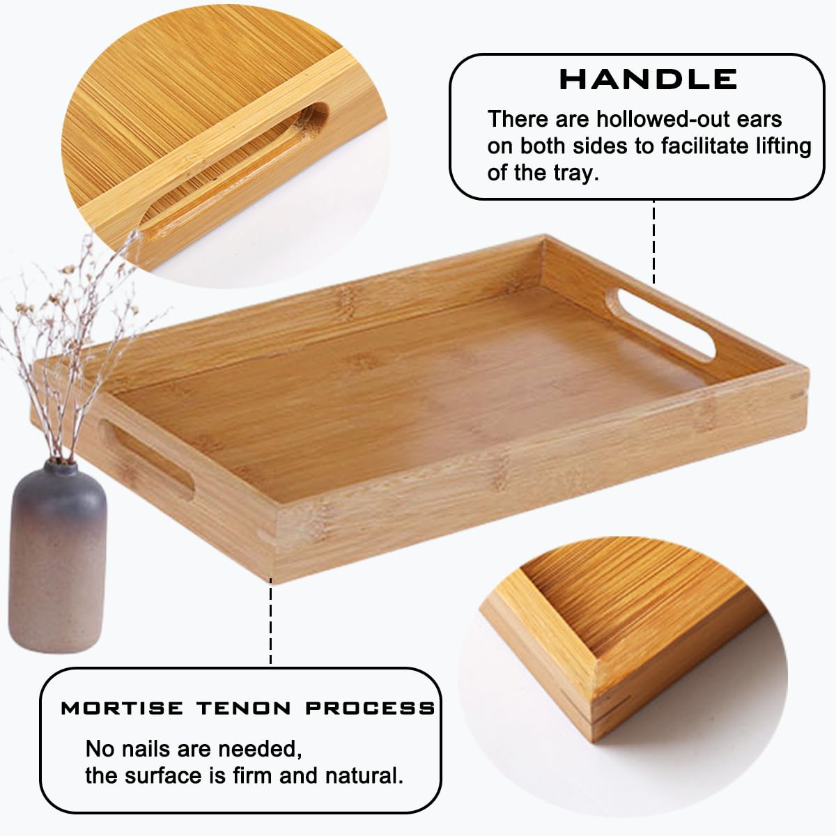 Bandeja de madera maciza, cuadrada antideslizante, para té, café, aperitivos, bandeja para servir con bordes elevados, bandejas de madera de 3 tamaños, bandejas decorativas para fiestas, servir