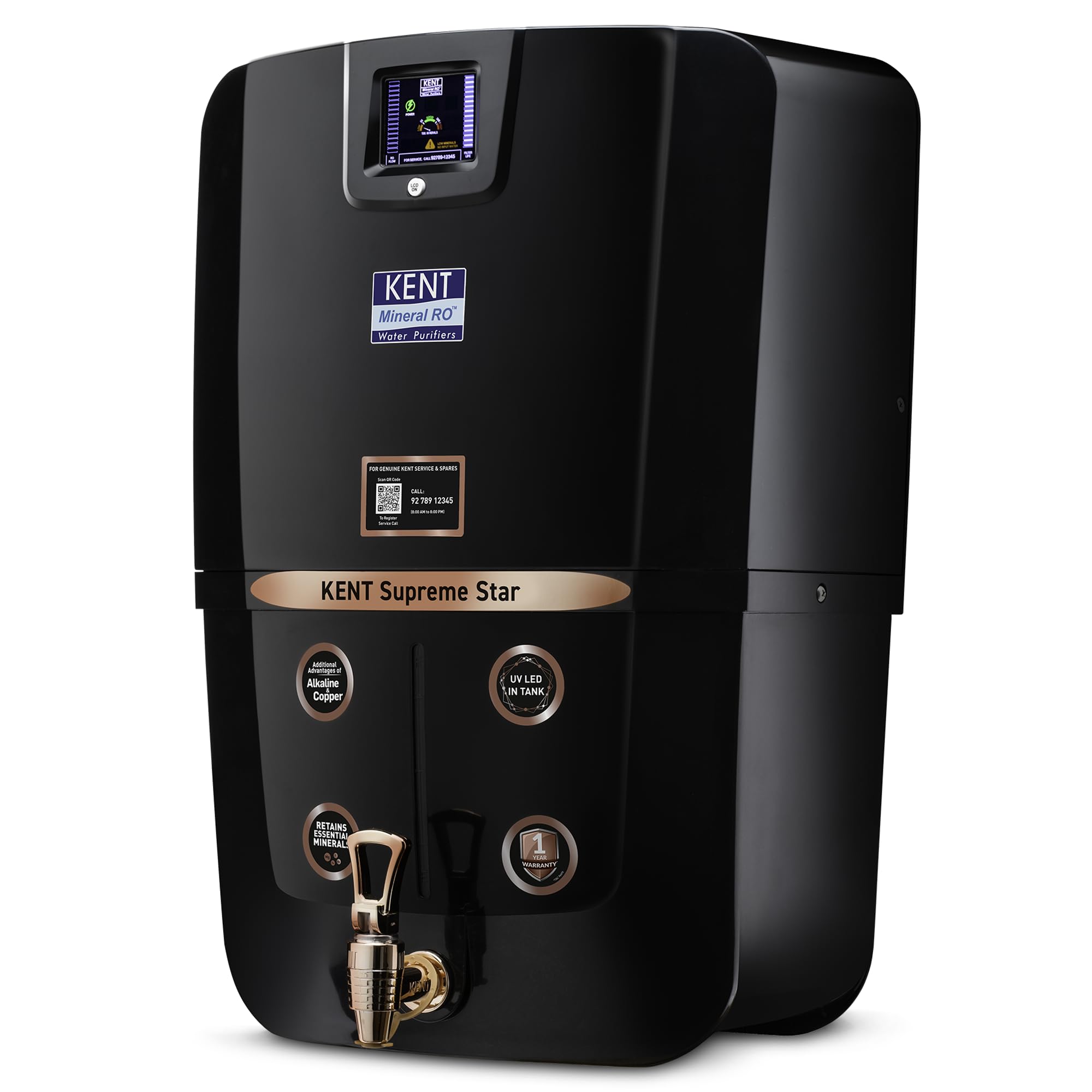 KENT Supreme Star RO Water Purifier | Advanced RO Tech for Sabse Shudh Paani | RO+UV+UF+TDS Control+Alkaline+Copper+UV in Tank | Auto Flush|9L|20 LPH| Ideal For Borewell/Tanker/Municipal Water |Black