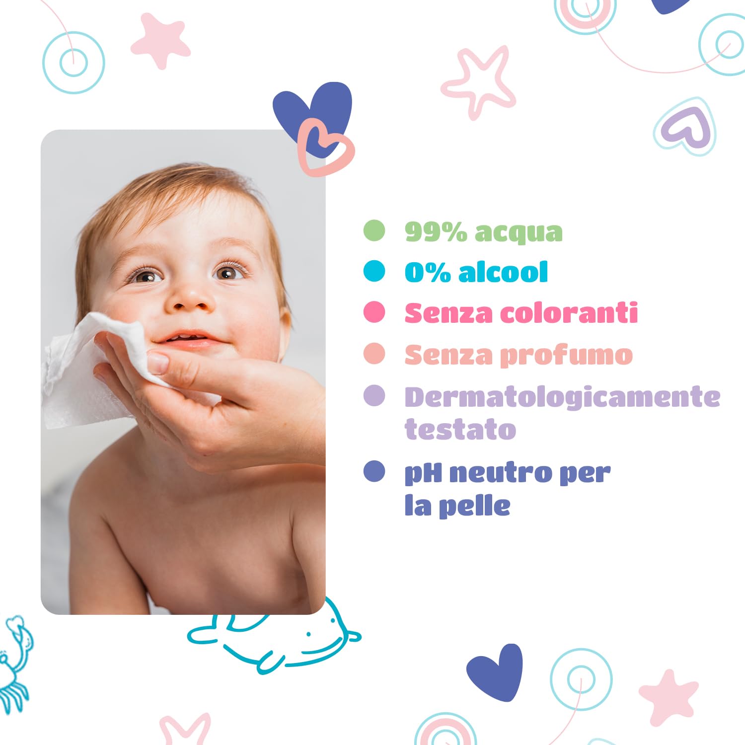 Kindii Salviette Umidificate Pure Water 99% - (60 Pz) Salviette - Composizione 99% Acqua, Allantoina, Senza Profumazione, Dermatologicamente Testate - 60 Pz