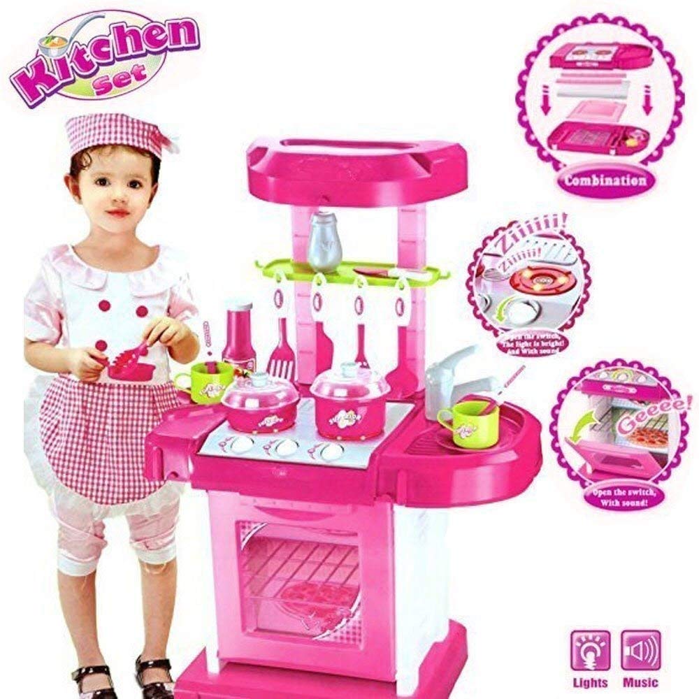OBLETTER TRADE Big Size Portable Suitcase Shape Musical Kitchen Set Toy for Kids with Light and Accessories (Pink)