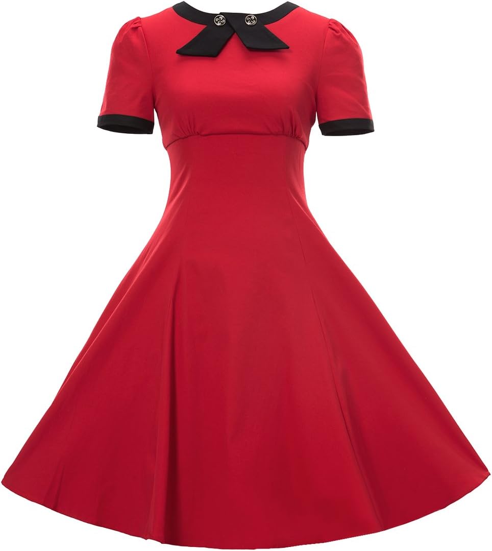 Shengdilu Women's 1950s Vintage Bow Tie Retro Swing Skaters Party Dress M Red