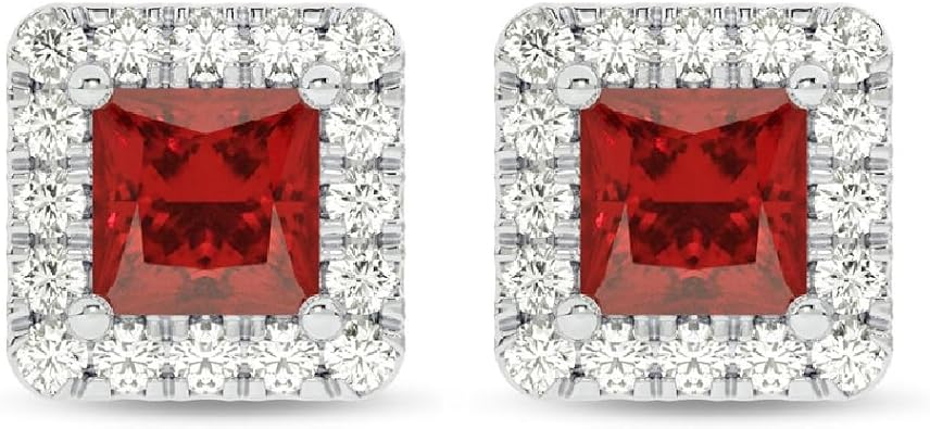 Lab Created Ruby and Lab Grown Diamond Halo Stud Earrings for Women | 10K Solid White Gold Earrings | Multiple Shapes and Weights to Choose From