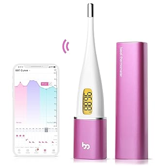 مقياس الحرارة الذكي للجسم الأساسي Femometer، مقياس الحرارة BBT مع شاشة LED للإضاءة الخلفية، جهاز تعقب الخصوبة/الفترة مع تطبيق Femometer، تسجيل البيانات التلقائي، شكل أحمر الشفاه، سهل الاستخدام والحمل، أرجواني