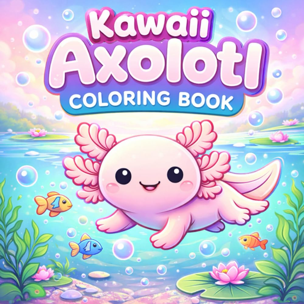 Kawaii Axolotl Coloring Book: Super Cute Aquatic Axolotls with Bubbles, Plants, and Fun Scenes — Easy Pages for Relaxation