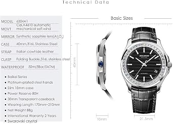 Agelocer Men's Diamond Automatic Date Watch Top Brand Sport Mechanical Waterproof Fashion Leather Buckle Luminous Watch, WH:6302E1