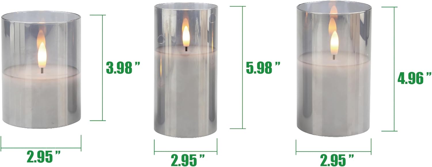 Stonebriar 3 Pack Real Wax Assorted Size Flameless LED Pillar Candles in Glass Hurricane with Remote and Timer