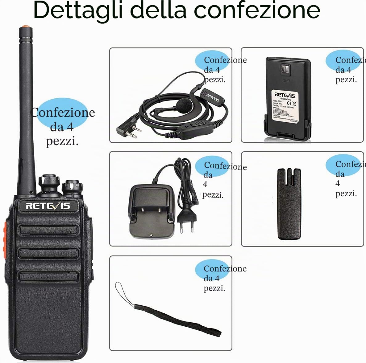 Retevis RT24 Walkie-Talkie Professionali, Ricetrasmittenti Radioline Walkie Talkie, PMR446 Licenza-Libero, VOX 16 Canali CTCSS/DCS, Ricetrasmettitore Lunga Distanza con Auricolare (4 Pezzi, Nero)
