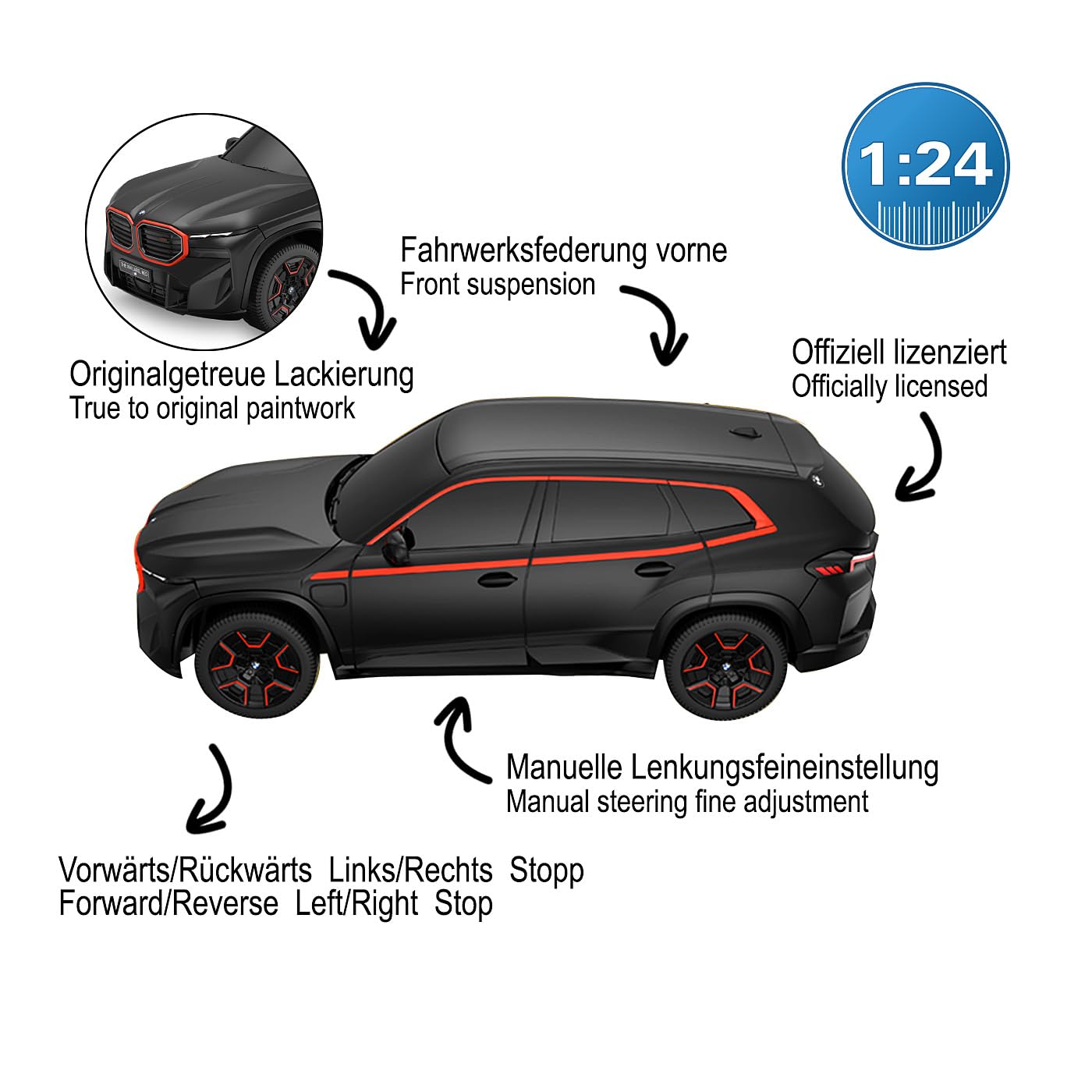 JAMARA 402222 BMW XM 1:24 2,4 GHz – zdalnie sterowany samochód, samochód RC, zabawka dla dzieci z pilotem zdalnego sterowania, model samochodu, prezent dla dzieci, samochód sportowy, wierne